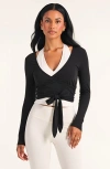 Modenaire Wrap Front Long Sleeve Crop Top With Tie Waist Detail In Black