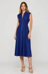 Modenaire Zip Front Sleeveless Denim Midi Dress With Smocked Waist Detail In Blue