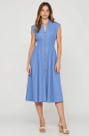 Modenaire Zip Front Midi Dress With Cap Sleeves And Smocked Waist In Blue