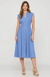 Modenaire Zip Front Midi Dress With Cap Sleeves And Smocked Waist In Blue
