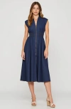 Modenaire Zip Front Sleeveless Denim Midi Dress