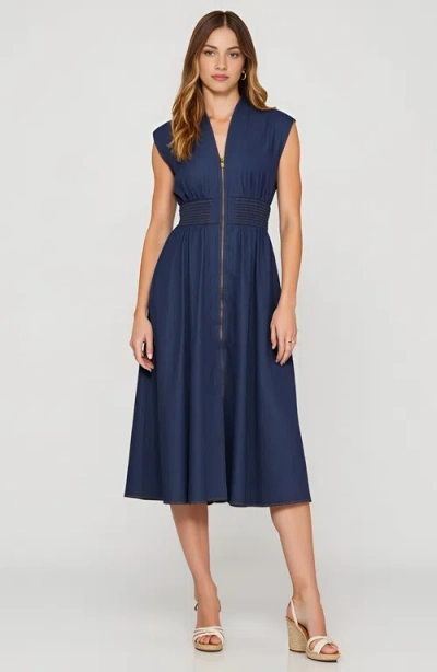 Modenaire Zip Front Sleeveless Denim Midi Dress
