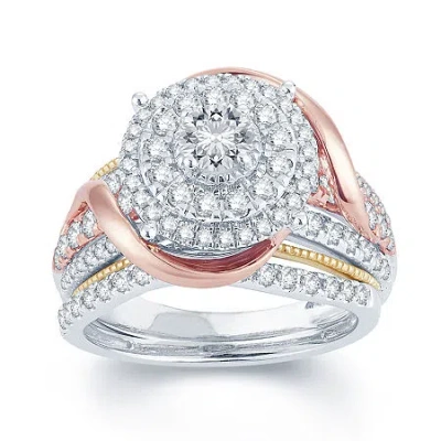 Modern Bride 1 1/2 Ct.t.w. Natural Diamond 14k Tri-color Gold Engagement Ring In Transparent