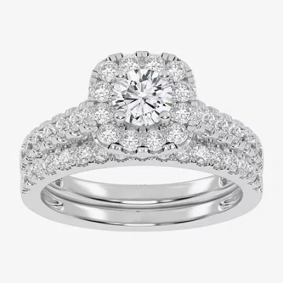Modern Bride 1 Ct.t.w. Natural Diamond Cushion Halo Bridal Set In 10k Or 14k Gold In White