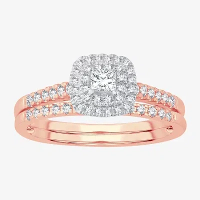 Modern Bride 1/2 Ct.t.w. Natural Diamond Cushion Shape Side Stone Halo Bridal Set In 10k Or 14k Gold