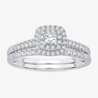 Modern Bride 1/2 Ct.t.w. Natural Diamond Cushion Shape Side Stone Halo Bridal Set In 10k Or 14k Gold In Metallic