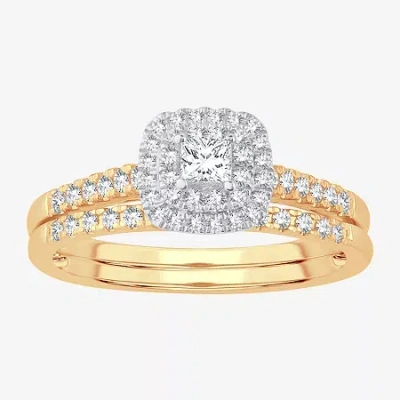 Modern Bride 1/2 Ct.t.w. Natural Diamond Cushion Shape Side Stone Halo Bridal Set In 10k Or 14k Gold