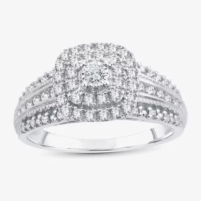 Modern Bride 1/2 Ct.t.w. Natural Diamond Cushion Shape Side Stone Halo Engagement Ring In 10k Or 14k White Gold In Neutral