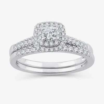 Modern Bride 1/2 Ct.t.w. Natural Diamond Halo Bridal Set 10k Or 14k White Gold In Silver