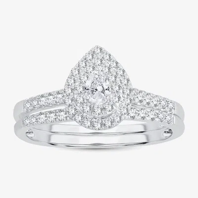 Modern Bride 1/2 Ct.t.w. Natural Diamond Pear Shape Side Stone Halo Bridal Set In 10k Or 14k White Gold In Silver