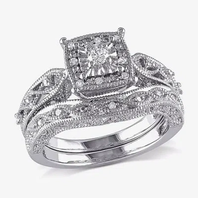 Modern Bride 1/5 Ct.t.w. Natural Diamond Sterling Silver Vintage Style Bridal Set In Transparent