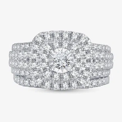 Modern Bride 2 Ct.t.w. Natural Diamond Cushion Shape Side Stone Halo Bridal Set In 10k Or 14k White Gold