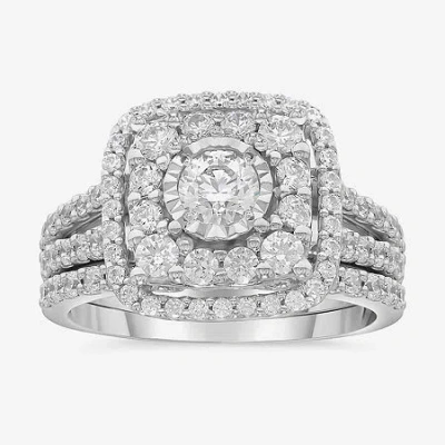 Modern Bride 2 Ct.t.w. Natural Diamond Cushion Shape Side Stone Halo Bridal Set In 10k Or 14k White Gold In Neutral