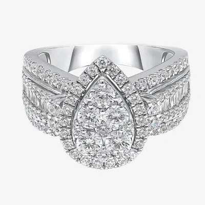 Modern Bride 2 Ct.t.w. Natural Diamond Pear Shape Side Stone Halo Engagement Ring In 10k Or 14k White Gold