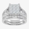 Modern Bride 2 Ct.t.w. Natural Princess & Round Diamond 10k Or 14k White Gold Bridal Ring Set In Silver