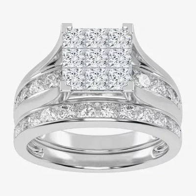 Modern Bride 2 Ct.t.w. Natural Princess & Round Diamond 10k Or 14k White Gold Bridal Ring Set