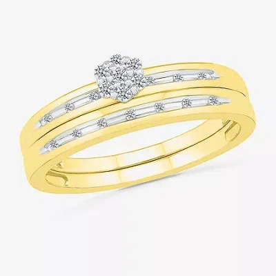 Modern Bride 3.60mm Unisex Adult 1/5 Ct. Natural White Diamond 10k Gold Round Side Stone Wedding Ring Set In Transparent