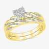 Modern Bride 3.65mm Unisex Adult 1/5 Ct. Natural White Diamond 10k Gold Heart Halo Side Stone Ring Set In Transparent