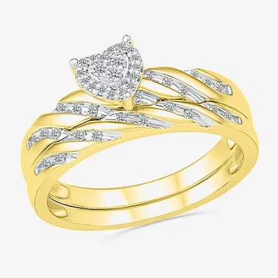 Modern Bride 3.65mm Unisex Adult 1/5 Ct. Natural White Diamond 10k Gold Heart Halo Side Stone Ring Set In Transparent