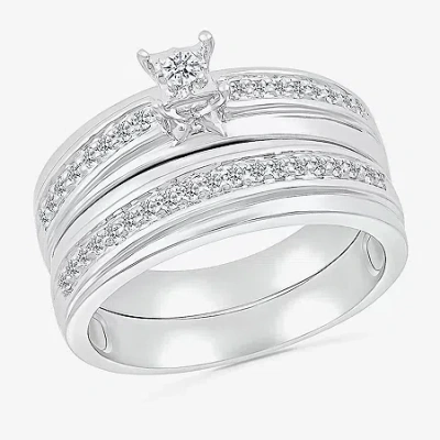Modern Bride 4.90mm Unisex Adult 3/8 Ct. T.w. Natural White Diamond 10k White Gold Side Stone Wedding Ring Set