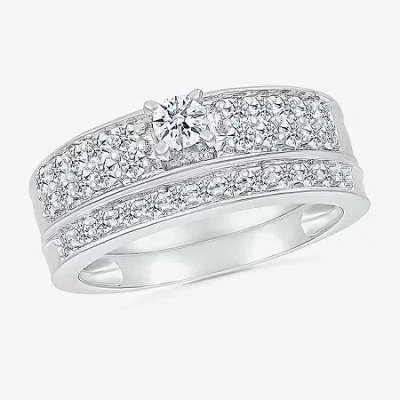 Modern Bride 5.00mm Unisex Adult 1 Ct. T.w. Natural White Diamond 10k White Gold Round Side Stone Wedding Ring Se