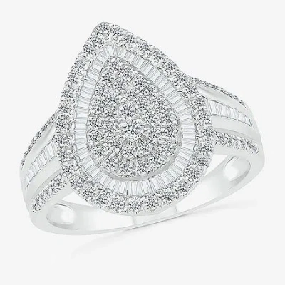 Modern Bride 6.20mm Unisex Adult 1 Ct. T.w. Natural White Diamond 10k White Gold Pear Side Stone Halo Engagement  In Silver