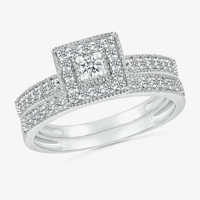 Modern Bride 6.65mm Unisex Adult 5/8 Ct. T.w. Natural White Diamond 10k White Gold Halo Side Stone Ring Set