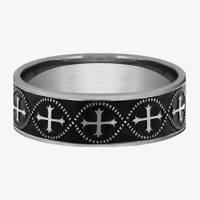 Modern Bride Crusader Cross Pattern Mens 7mm Tungsten Wedding Band In Black