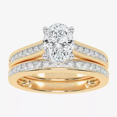 Modern Bride (f-g /vs2-si1) Womens 3 1/2 Ct. T.w Lab Grown White Diamond 10k Gold Oval Side Stone Bridal Set In Yellow