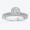 Modern Bride (f / Vs2) Womens 1 Ct. T.w. Lab Grown White Diamond 10k Or 14k Gold Round Side Stone Halo Bridal Set In Silver