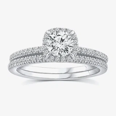 Modern Bride (f / Vs2) Womens 1 Ct. T.w. Lab Grown White Diamond 10k Or 14k Gold Round Side Stone Halo Bridal Set In Silver
