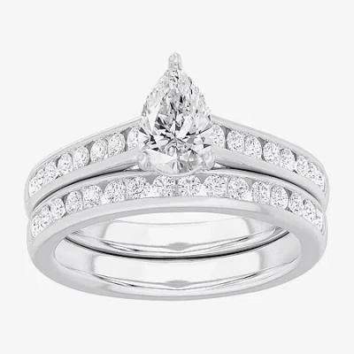 Modern Bride (g-h / Si1-si2) Womens 1 1/2 Ct. T.w. Lab Grown White Diamond 14k Gold Pear Side Stone Bridal Set In Metallic