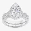 Modern Bride (g-h / Si1-si2) Womens 1 1/2 Ct. T.w. Lab Grown White Diamond 14k Gold Pear Side Stone Halo Bridal S In Silver