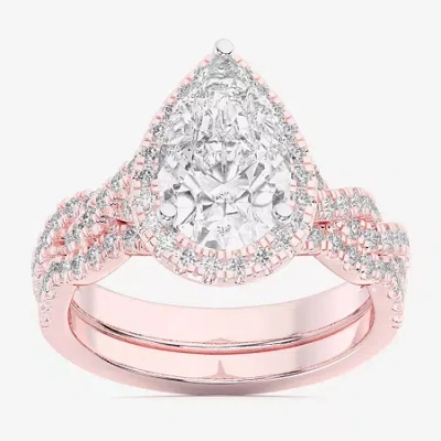 Modern Bride (g-h / Si1-si2) Womens 1 1/2 Ct. T.w. Lab Grown White Diamond 14k Gold Pear Side Stone Halo Bridal S In Pink