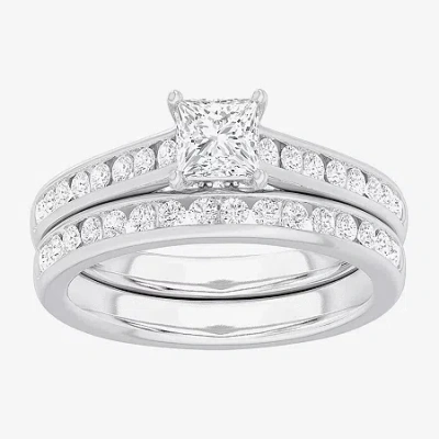 Modern Bride (g-h / Si1-si2) Womens 1 1/2 Ct. T.w. Lab Grown White Diamond 14k Gold Side Stone Bridal Set In Silver