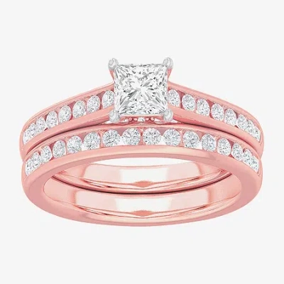 Modern Bride (g-h / Si1-si2) Womens 1 1/2 Ct. T.w. Lab Grown White Diamond 14k Gold Side Stone Bridal Set In Pink