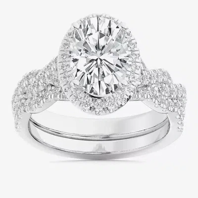 Modern Bride (g-h / Si1-si2) Womens 1 1/2 Ct. T.w. Lab Grown White Diamond 14k White Gold Oval Side Stone Halo Br In Silver