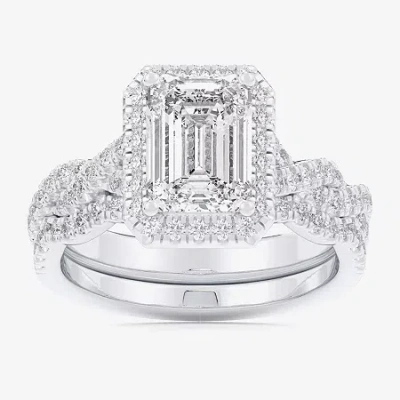 Modern Bride (g-h / Si1-si2) Womens 1 1/2 Ct. T.w. Lab Grown White Diamond 14k White Gold Side Stone Halo Bridal  In Silver