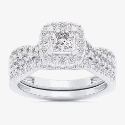 Modern Bride (g-h / Si1-si2) Womens 1 1/3 Ct. T.w. Lab Grown White Diamond 10k White Gold Cushion Side Stone Halo In Silver