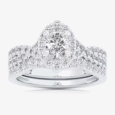 Modern Bride (g-h / Si1-si2) Womens 1 1/3 Ct. T.w. Lab Grown White Diamond 10k White Gold Oval Side Stone Halo Br In Silver