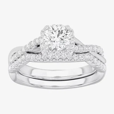 Modern Bride (g-h / Si1-si2) Womens 1 1/6 Ct. T.w. Lab Grown White Diamond 14k Gold Cushion Side Stone Halo Brida In Metallic