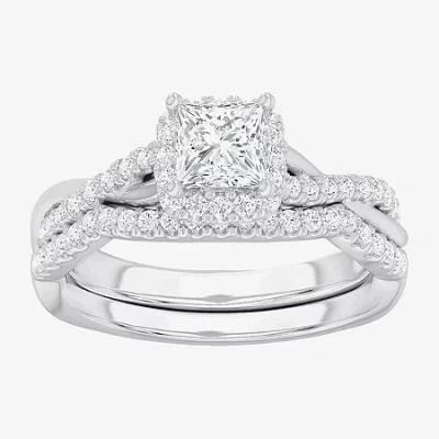 Modern Bride (g-h / Si1-si2) Womens 1 1/6 Ct. T.w. Lab Grown White Diamond 14k Gold Cushion Side Stone Halo Brida In Metallic