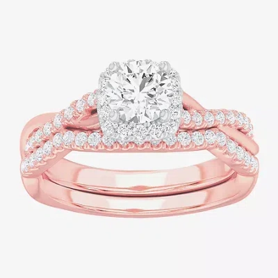 Modern Bride (g-h / Si1-si2) Womens 1 1/6 Ct. T.w. Lab Grown White Diamond 14k Gold Cushion Side Stone Halo Brida In Pink