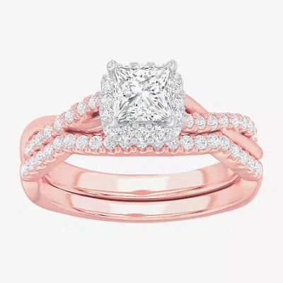 Modern Bride (g-h / Si1-si2) Womens 1 1/6 Ct. T.w. Lab Grown White Diamond 14k Gold Cushion Side Stone Halo Brida In Pink