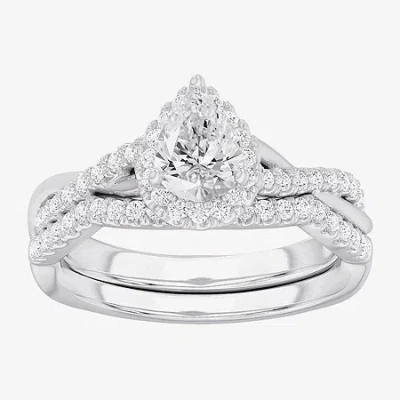 Modern Bride (g-h / Si1-si2) Womens 1 1/6 Ct. T.w. Lab Grown White Diamond 14k Gold Pear Side Stone Halo Bridal S In Silver
