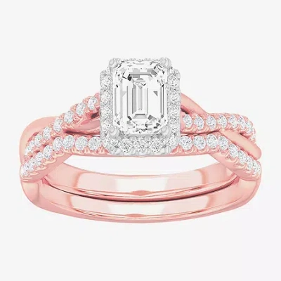 Modern Bride (g-h / Si1-si2) Womens 1 1/6 Ct. T.w. Lab Grown White Diamond 14k Gold Side Stone Halo Bridal Set In Pink