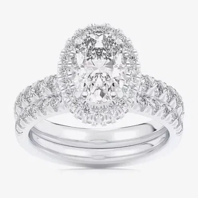 Modern Bride (g-h / Si1-si2) Womens 1 5/8 Ct. T.w. Lab Grown White Diamond 14k Gold Oval Side Stone Halo Bridal S In Silver