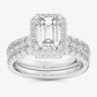 Modern Bride (g-h / Si1-si2) Womens 1 5/8 Ct. T.w. Lab Grown White Diamond 14k Gold Side Stone Halo Bridal Set In Silver