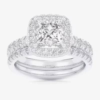 Modern Bride (g-h / Si1-si2) Womens 1 5/8 Ct. T.w. Lab Grown White Diamond 14k Gold Side Stone Halo Bridal Set In Silver