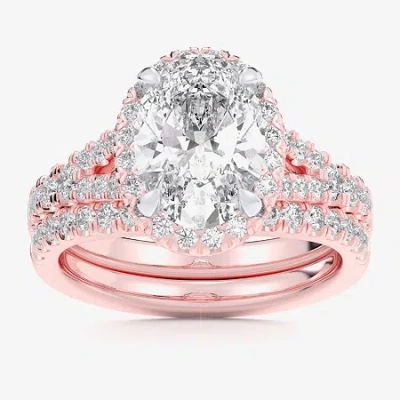 Modern Bride (g-h / Si1-si2) Womens 1 5/8 Ct. T.w. Lab Grown White Diamond 14k White Gold Oval Side Stone Halo Br In Pink